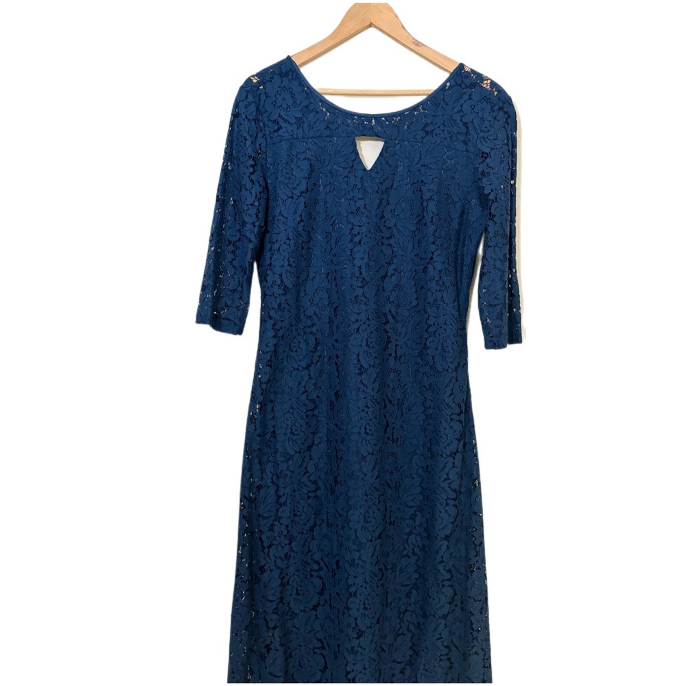 Women’s Navy Blue Lace Maxi Dress With Three Quarter Sleeves and Keyhole Front
